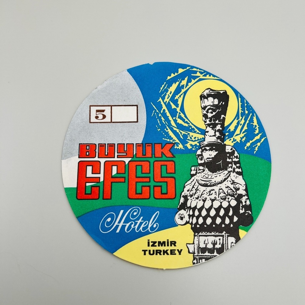 Vintage Buyuk Efes Hotel Izmir Turkey Round Paper Luggage Tag Ephemera 1968